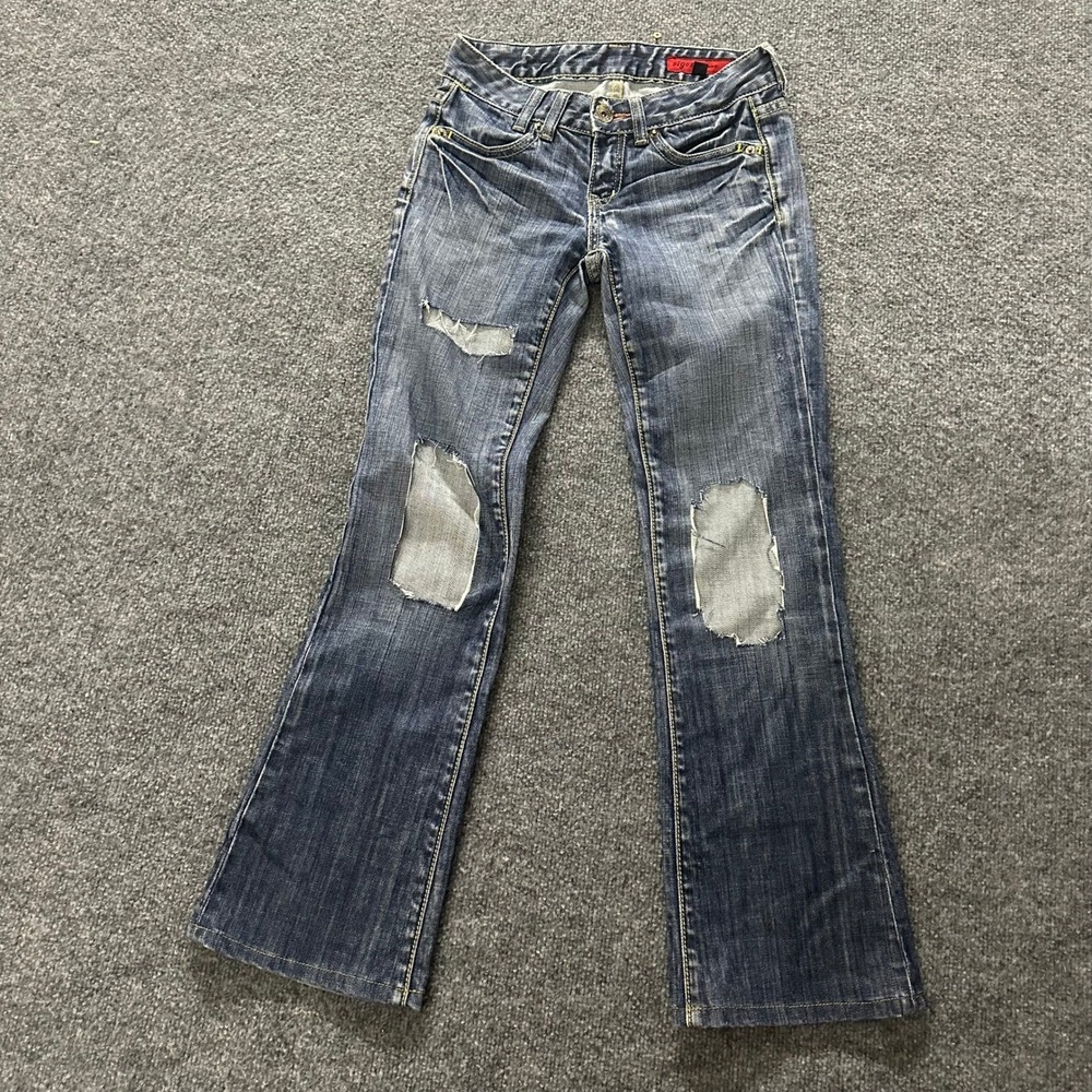 Vigoss Jeans Womens Size 28 Blue Distressed Bootcut Embroidered Low Rise Denim